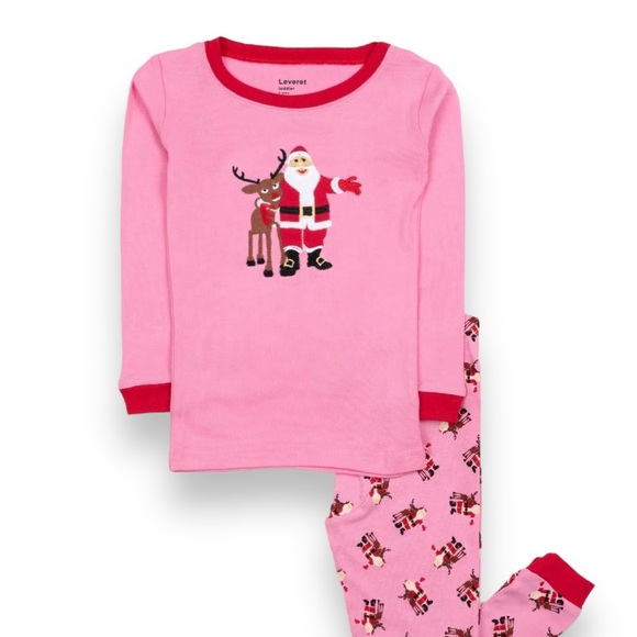 Leveret Girls Christmas Santa Print Cotton Pajama Set - Picture 1 of 3